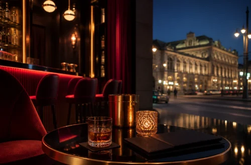 Elegant Vienna bar counter at night with city lights in the background