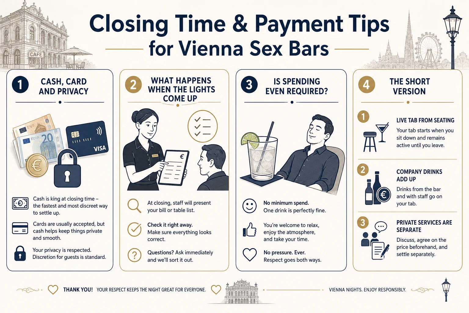 Checklist graphic for settling the bill at closing time: ask for the tab early, check the lines, pay cash for speed, query anything unfamiliar on the spot
