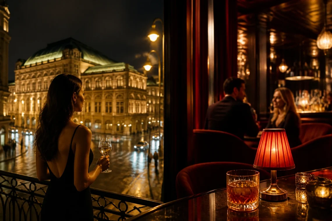 Clock and glass on an elegant bar counter in a Vienna nightlife setting