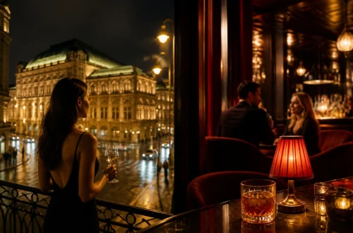 Clock and glass on an elegant bar counter in a Vienna nightlife setting