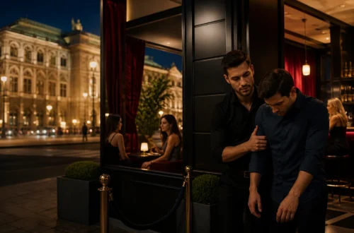 Bartender pouring a glass of water beside an empty cocktail glass in an elegant Vienna bar