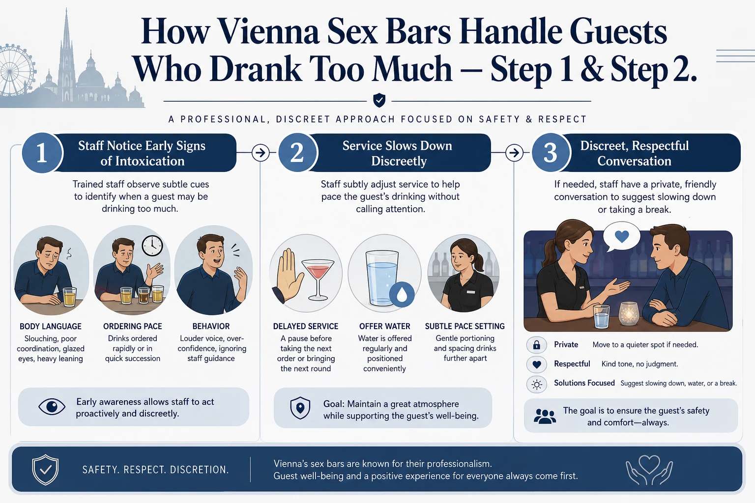 Explainer graphic of the three escalating steps a Vienna sex bar takes with an intoxicated guest: slower service, a discreet word, a managed exit