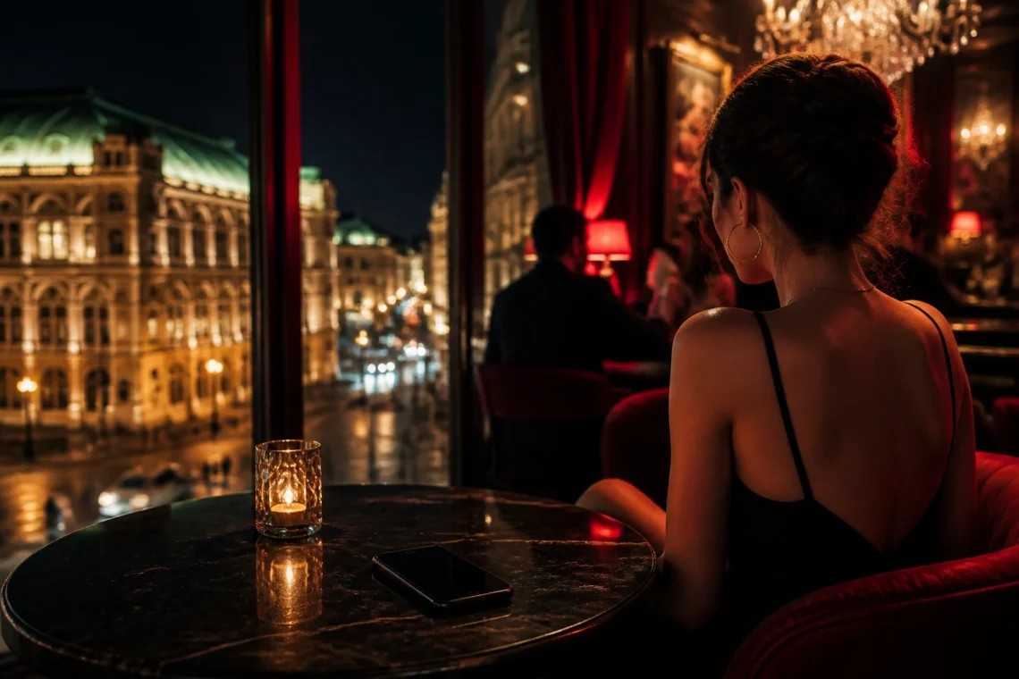 Phone lying face down on an elegant bar table in a dimly lit Vienna venue