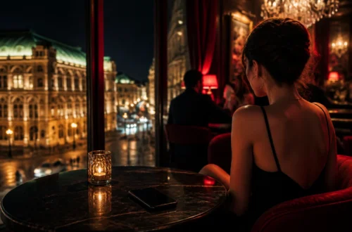 Phone lying face down on an elegant bar table in a dimly lit Vienna venue