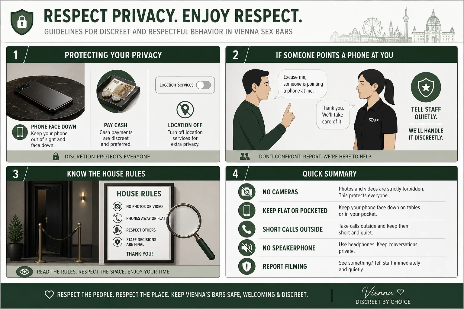 Action checklist graphic for phone etiquette: keep the device flat, short calls at the entrance, no speakerphone, report anyone filming to staff