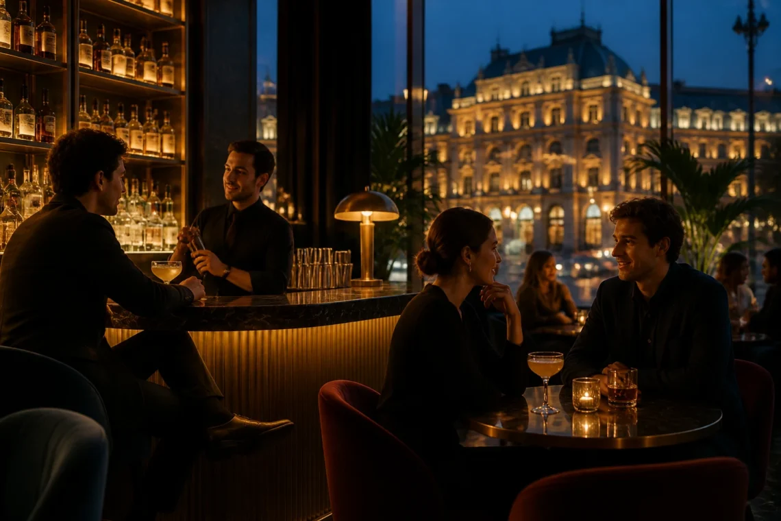 Elegant Vienna bar interior showing counter stools in the foreground and soft lit tables along the wall