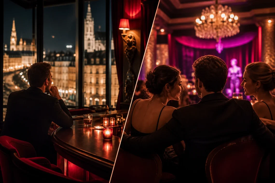 Elegant Vienna bar interior at night with a single guest at the counter and a group at a table further back