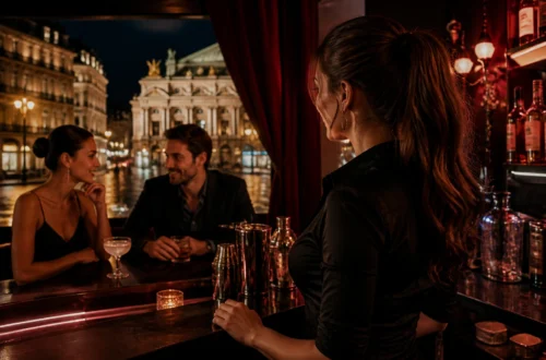 Bartender behind an elegant counter observing the room in a Vienna nightlife venue