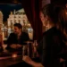 Bartender behind an elegant counter observing the room in a Vienna nightlife venue