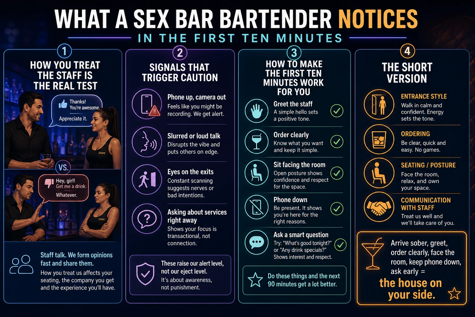 Action checklist graphic for a good first impression: arrive sober, greet the staff, order clearly, face the room, phone away, ask one practical question