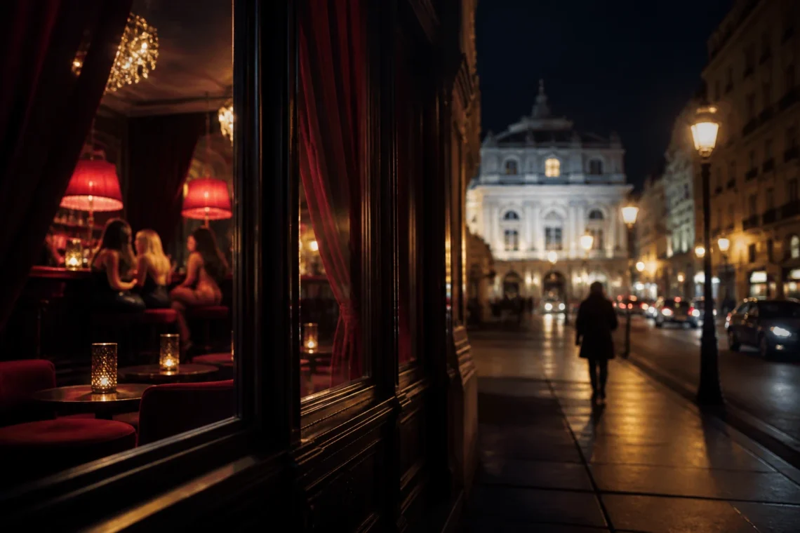 Vienna street at night outside an elegant bar as the lights come up at closing time