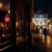 Vienna street at night outside an elegant bar as the lights come up at closing time
