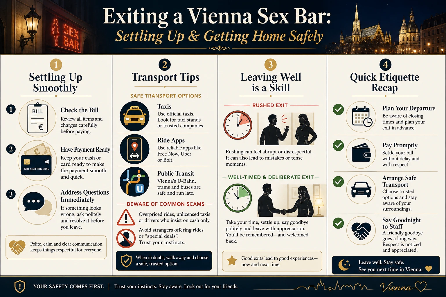 Step-by-step graphic for leaving well: settle the tab, check the lines, arrange the ride inside, say goodnight