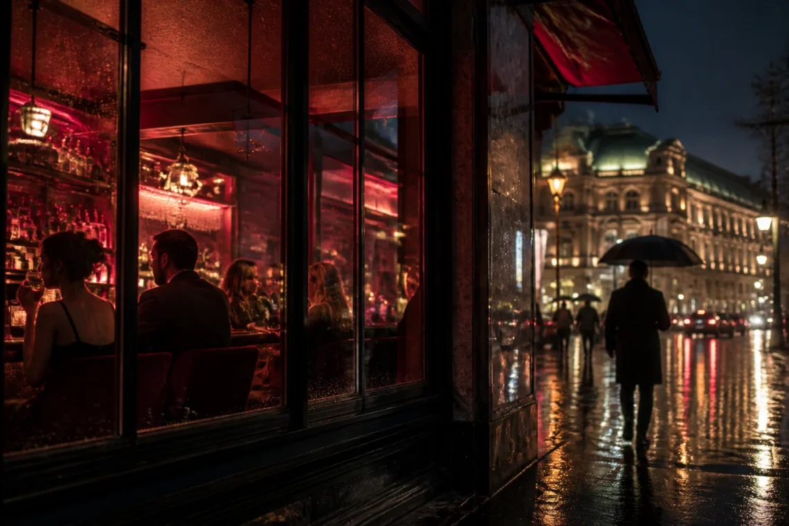 Rainy Vienna street at night with reflected lights and a warm lit bar window
