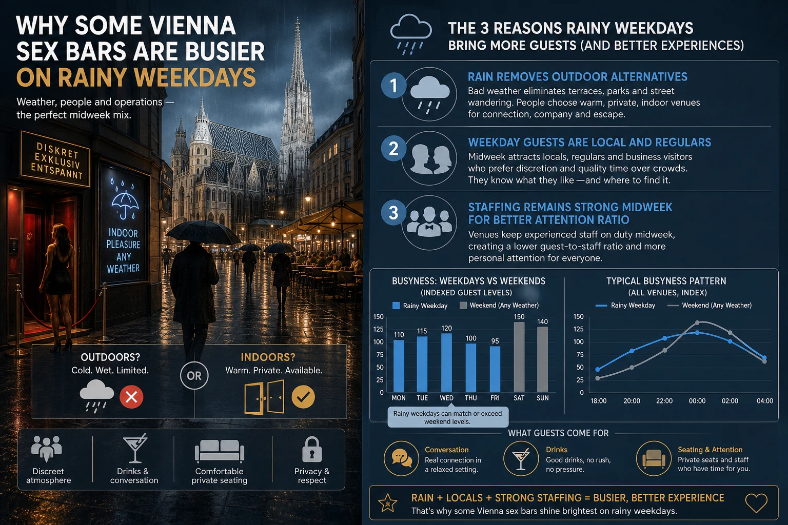 Explainer graphic of why rainy weekdays fill Vienna sex bars: outdoor options disappear, local regulars arrive early, staffing stays solid, the room stays calm