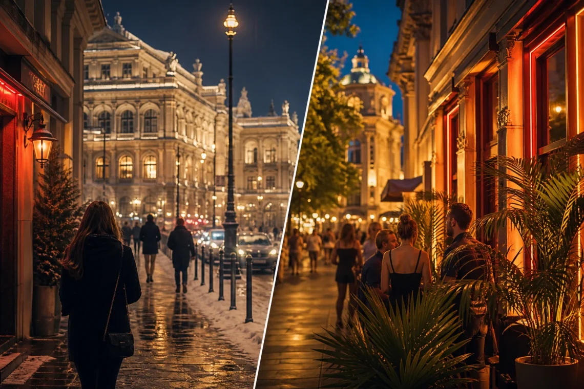 Vienna street scene at night split between a snowy winter evening and a warm summer evening