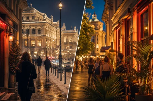 Vienna street scene at night split between a snowy winter evening and a warm summer evening