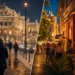 Vienna street scene at night split between a snowy winter evening and a warm summer evening