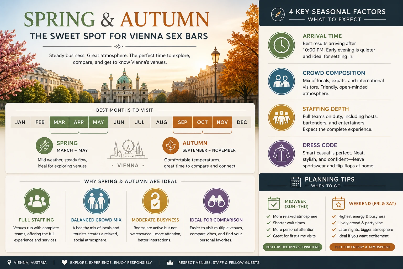 Planning checklist graphic by season: pick the arrival hour, ask about staffing in high summer, judge a venue in spring or autumn, dress for the room